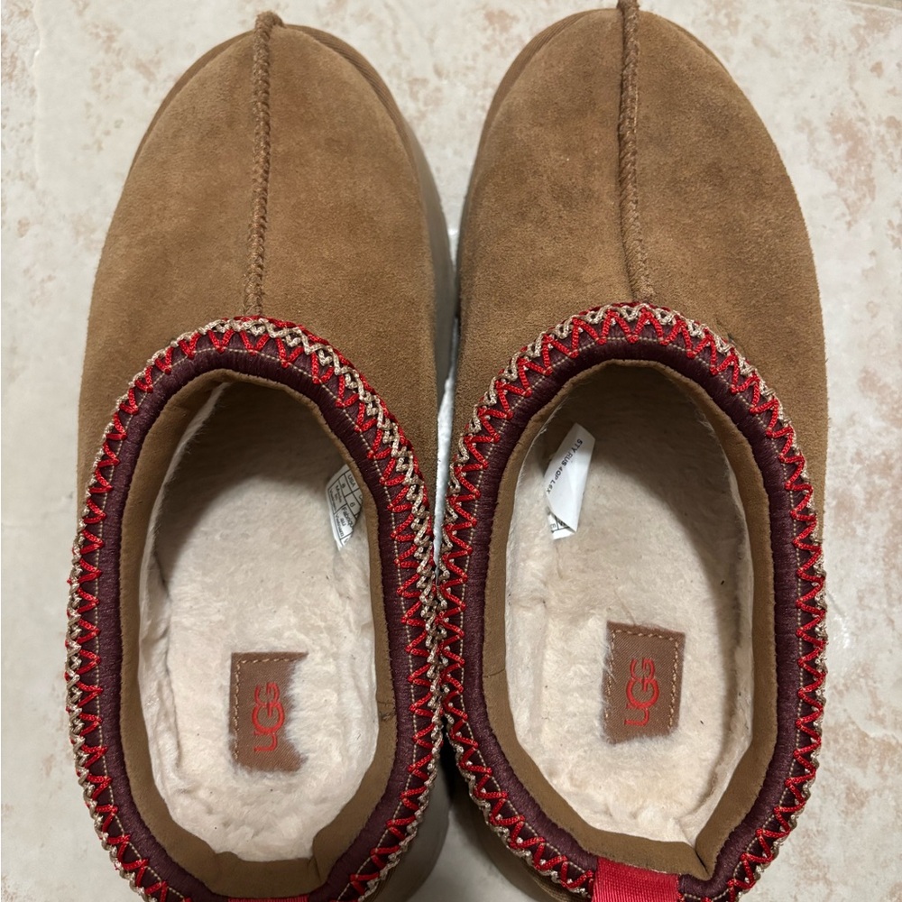 UGG Brown Suede Slippers with Red Accents